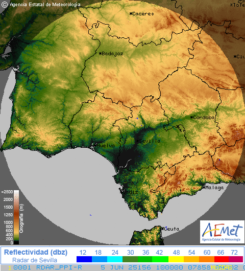 Mapa base del radar meteorológico de lluvia en Sevilla (cargando animación)